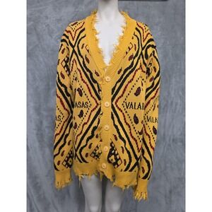 VALABASAS Mens Cardigan Sweater Yellow Paisley Bandana Knit Graphic Large